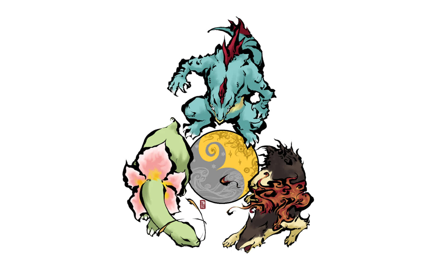 Meganium Feraligatr Typhlosion Okami Aesthetic Illustration Background
