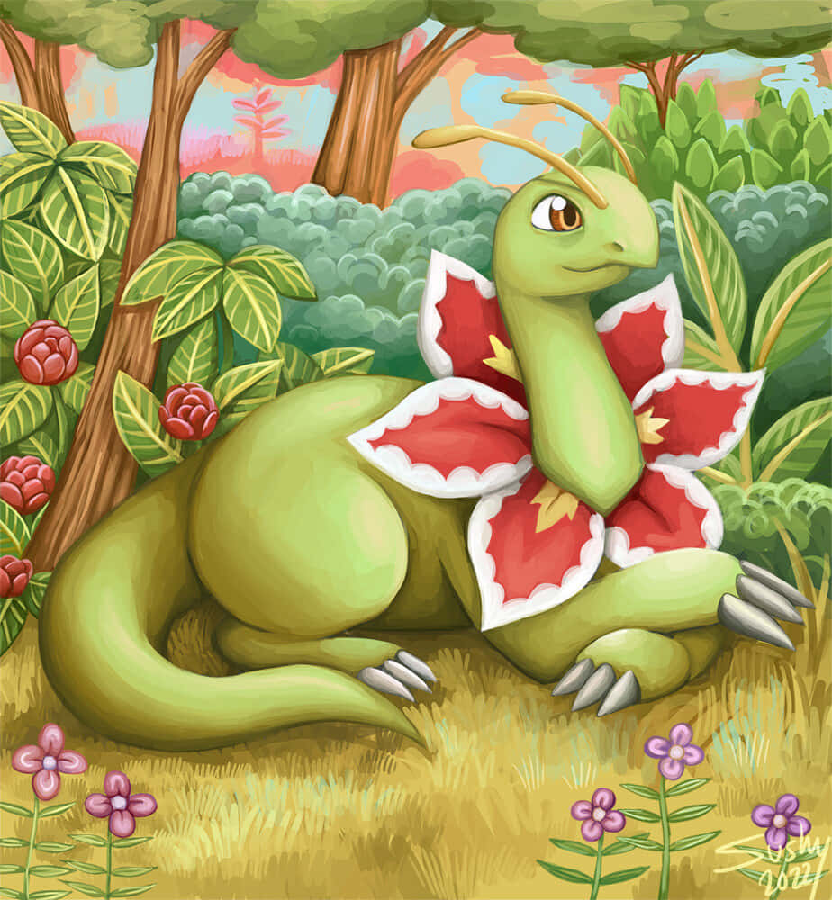 Meganium Relaxing On The Floor Background