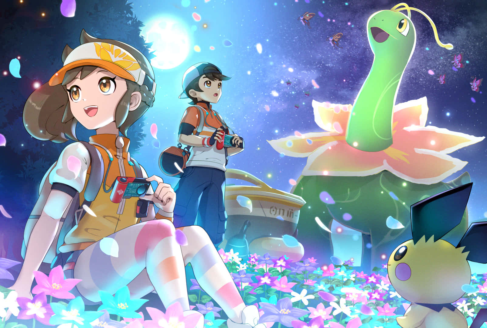 Meganium With Pichu And Pokemon Trainers Background