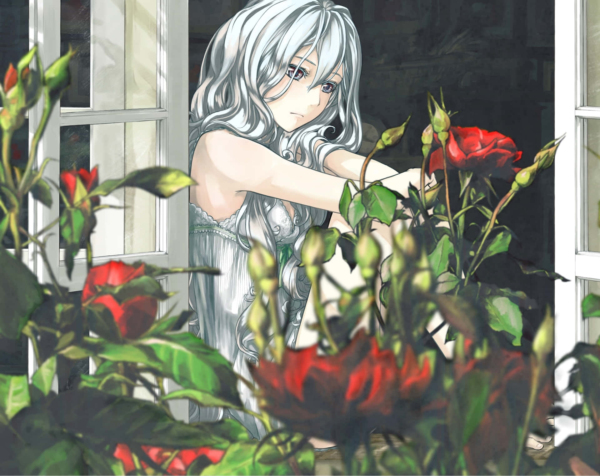 Melancholic_ Anime_ Girl_with_ Roses Background