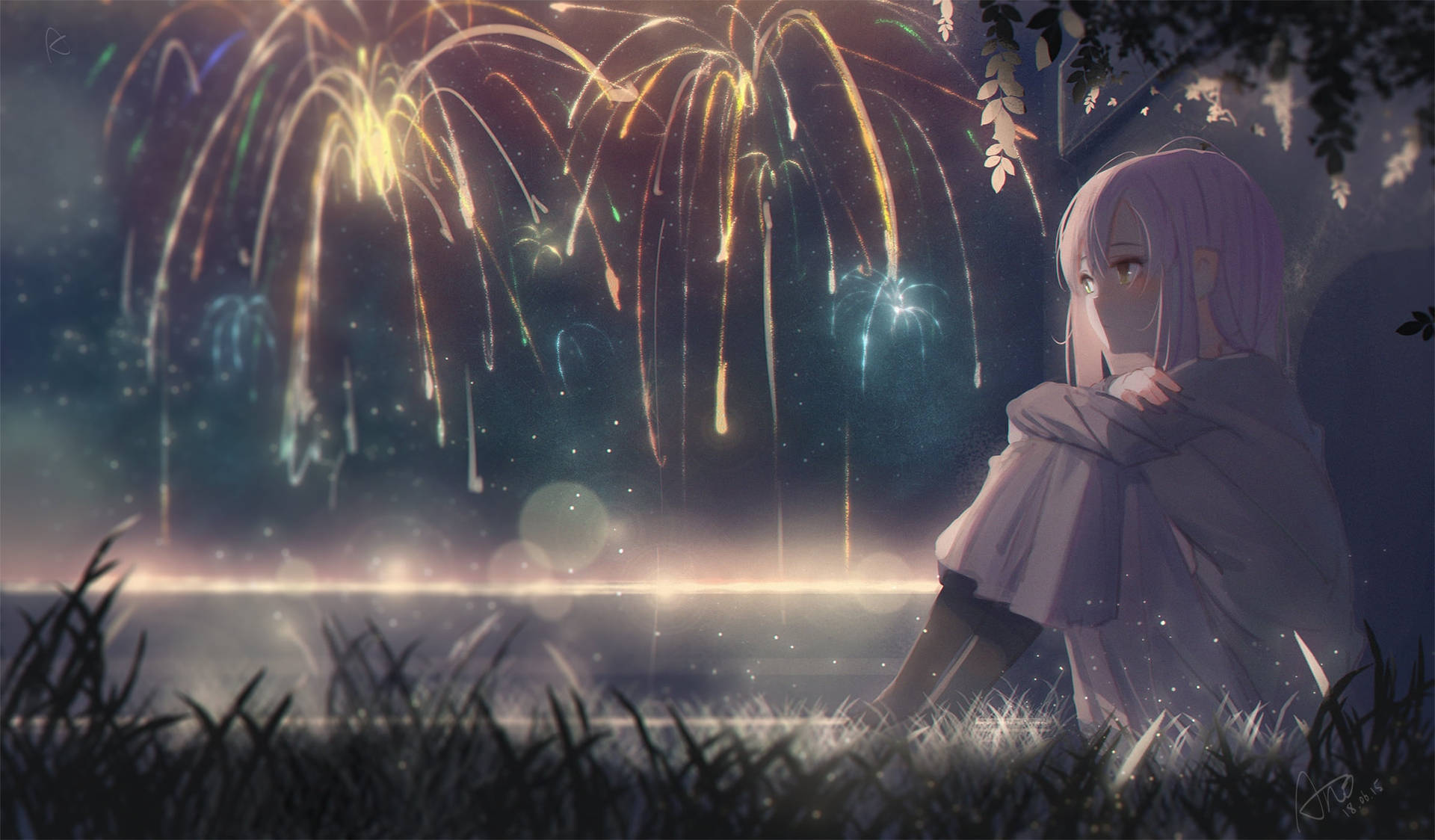 Melancholic Cartoon Girl Gazing At Fireworks Background