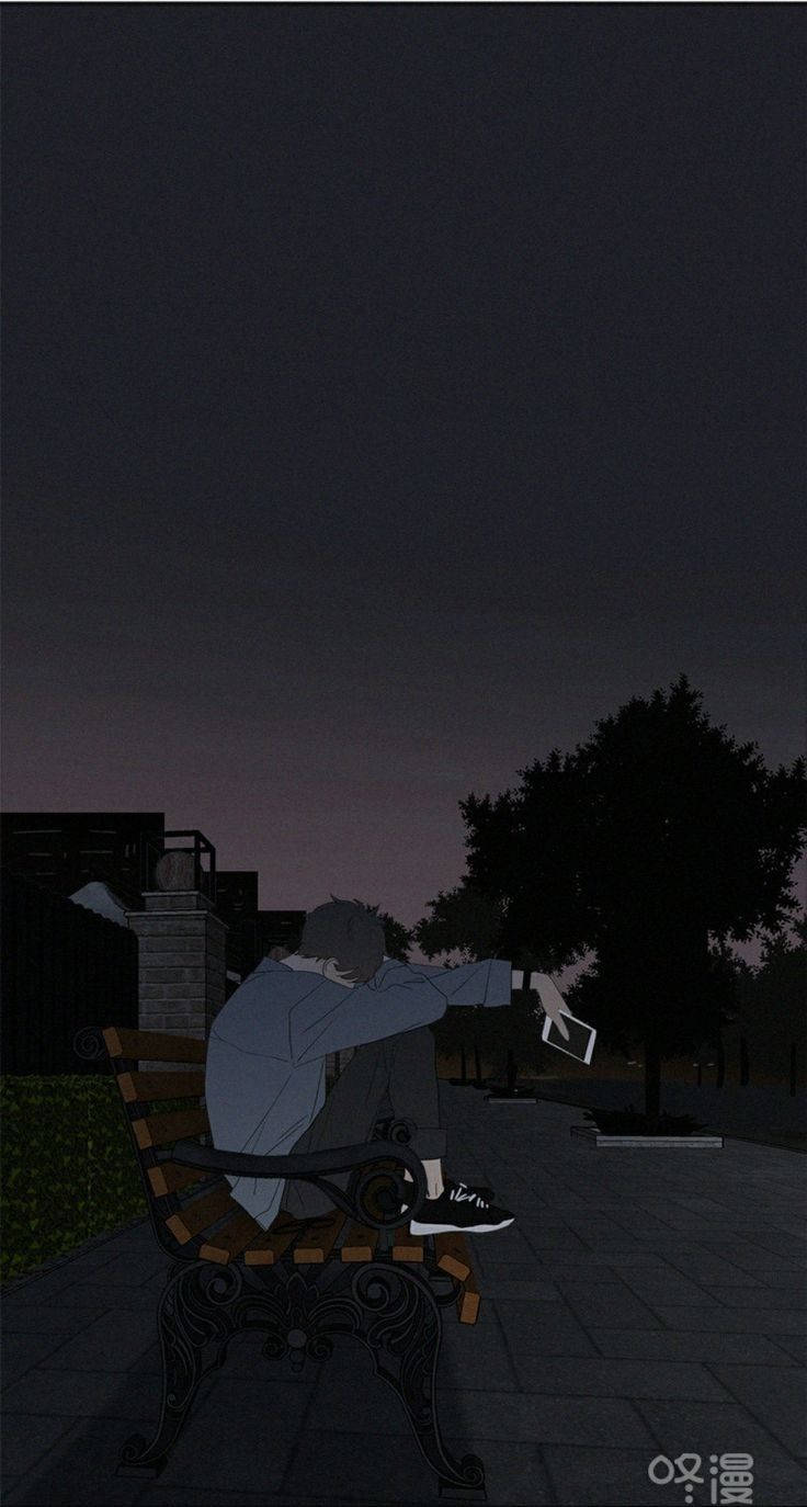 Melancholy Anime Aesthetic: A Lone Figure On A Park Bench Background
