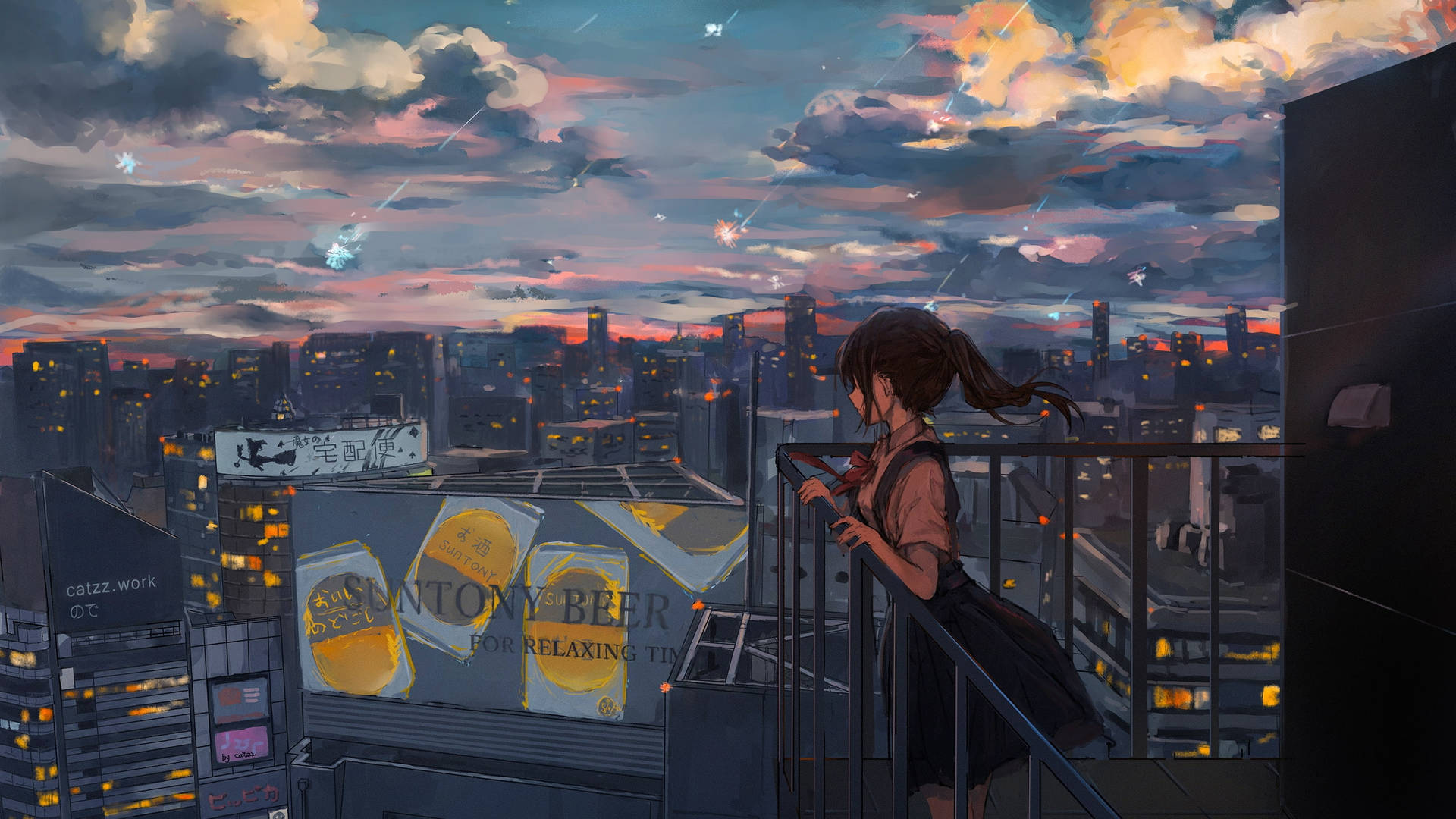 Melancholy Anime Girl On Balcony Background