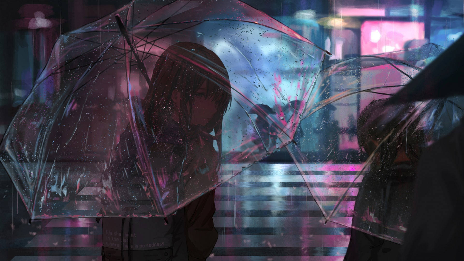 Melancholy Anime Girl Under Umbrella Background