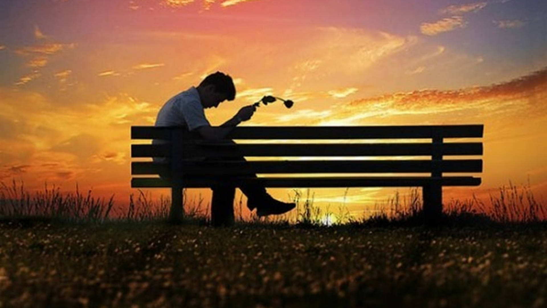 Melancholy Lonely Man On Bench Background