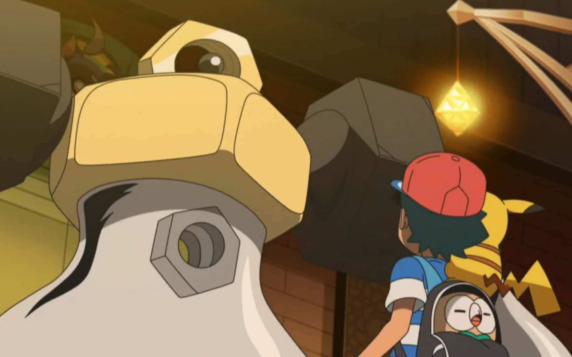 Melmetal Facing Ash And Pikachu Background
