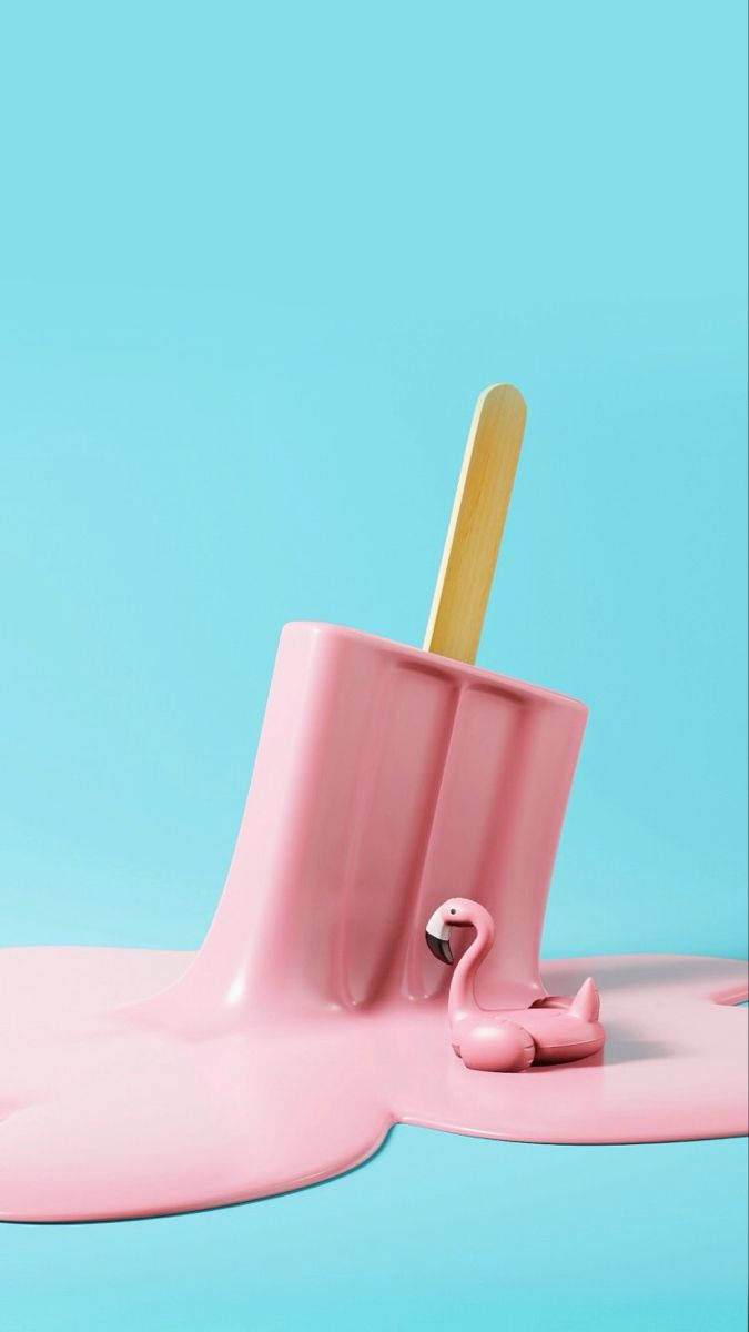 Melting Pink Popsicle On Blue Background