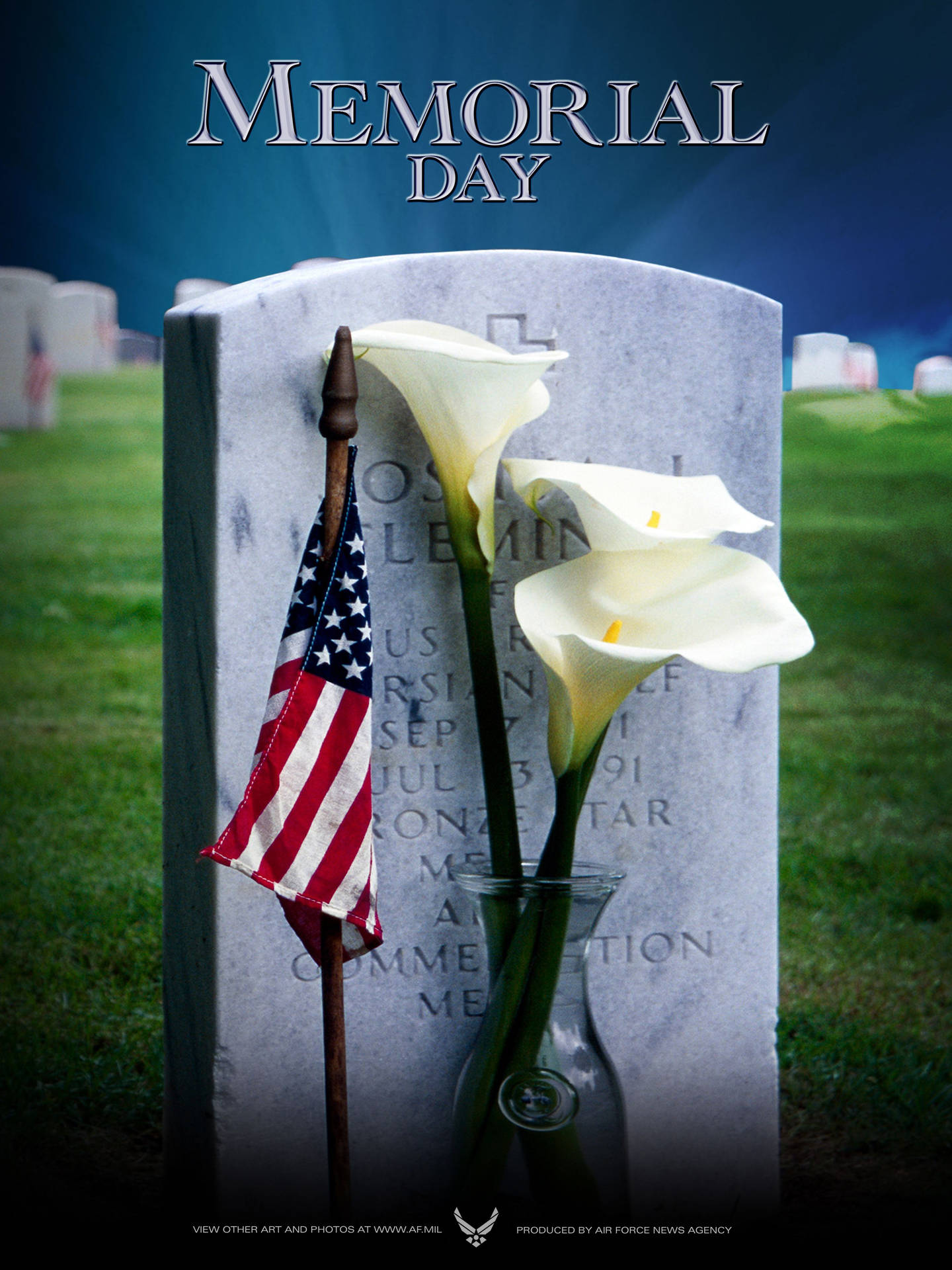 Memorial Day Flag And Lilies On Grave Background