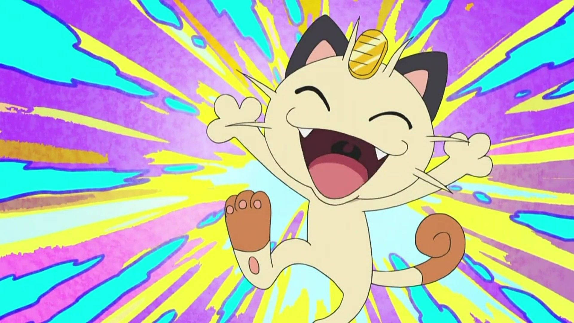 Meowth Looking Happy With Colorful Backdrop Background