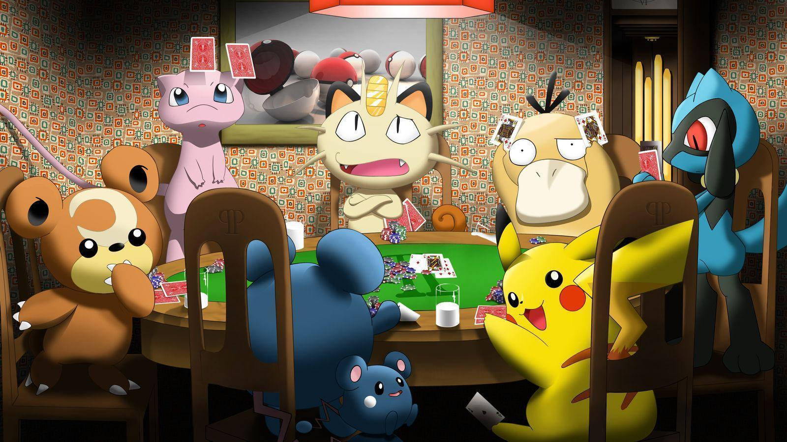 Meowth, Mew, And Psyduck Playing Card Games Background