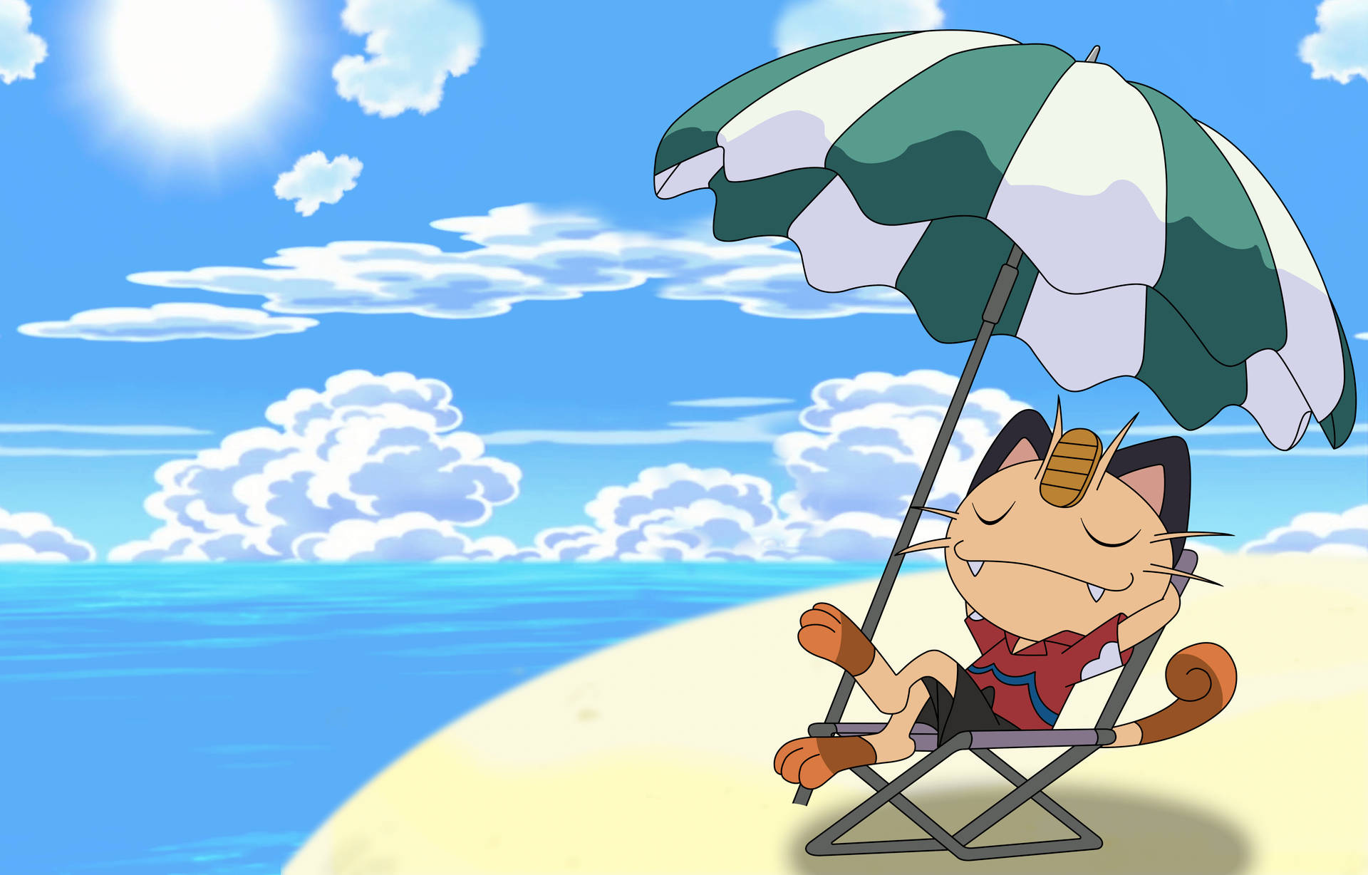 Meowth Sleeping In The Beach Background