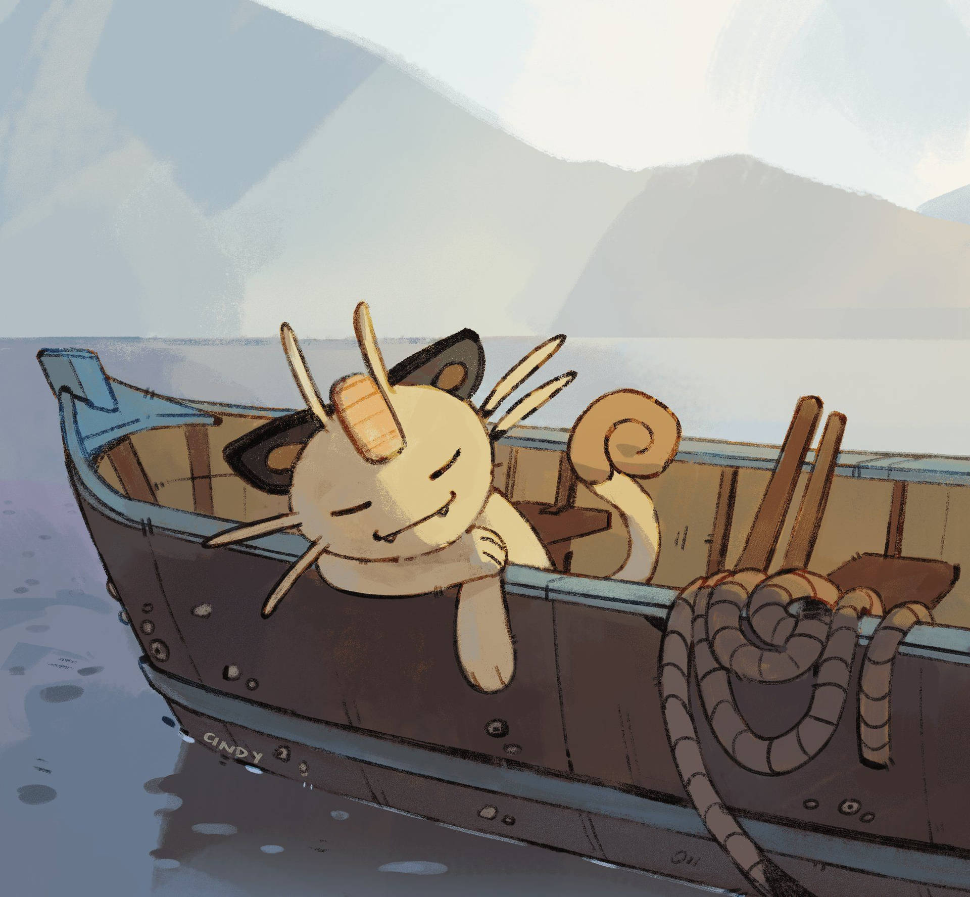 Meowth Sleeping On A Boat Background