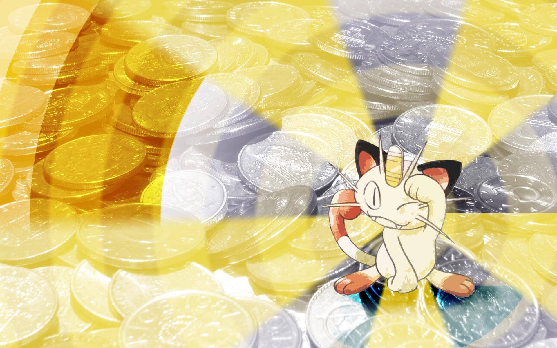 Meowth With A Colorful Gold And Silver Background Background