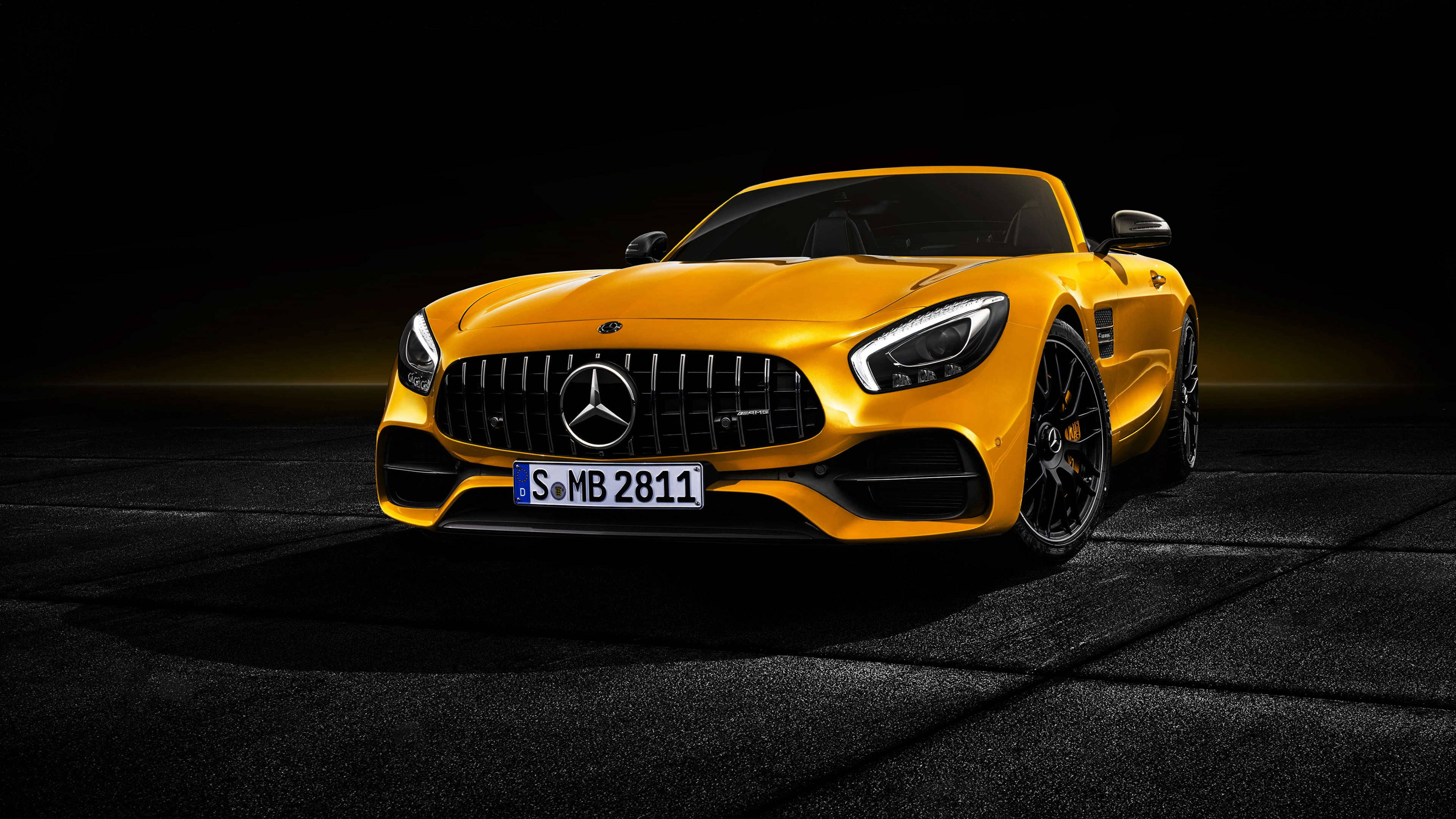 Mercedes Amg 4k Yellow Car On Black Tiles Background