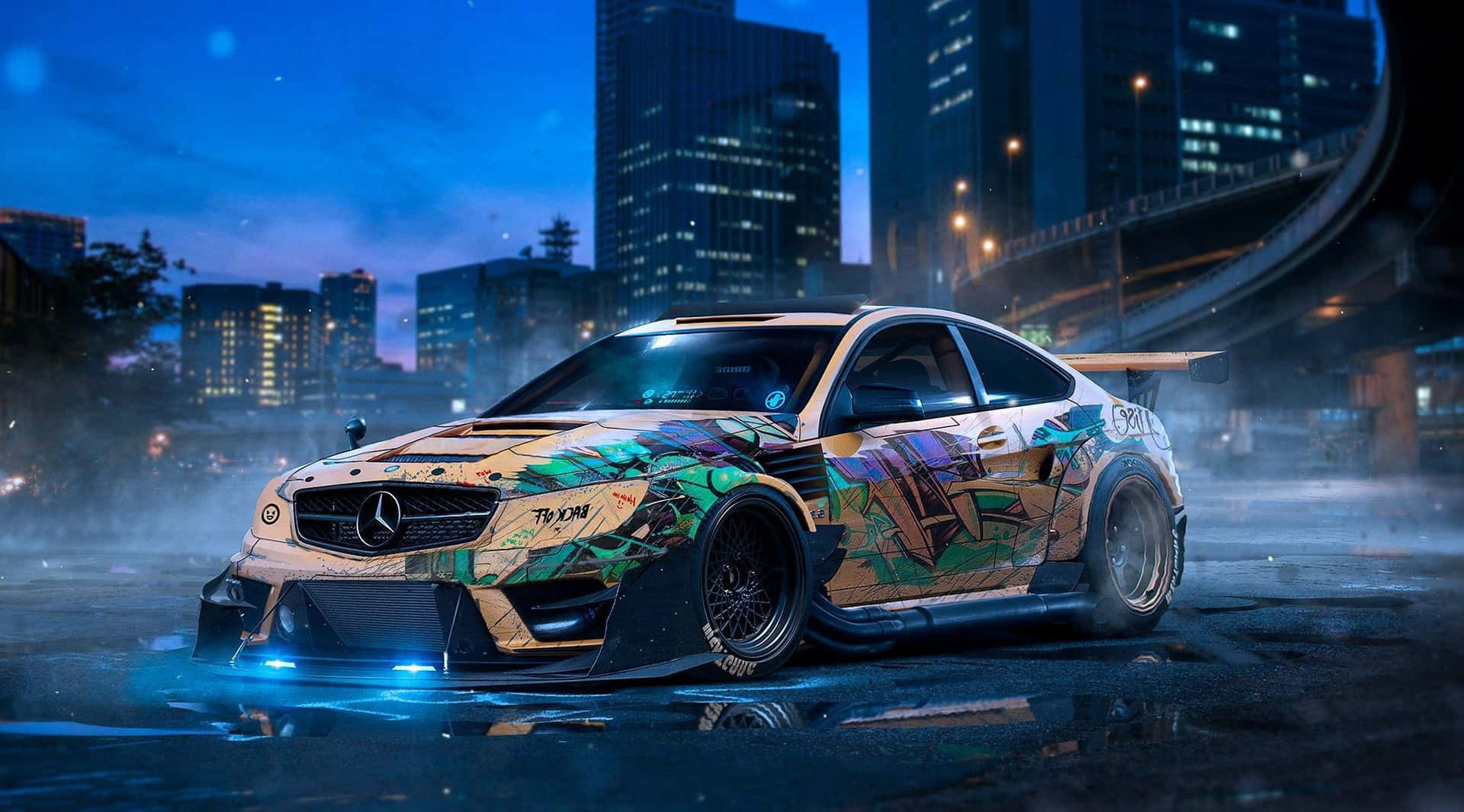 Mercedes Benz C63 Amg Drift Graffiti Neon Background