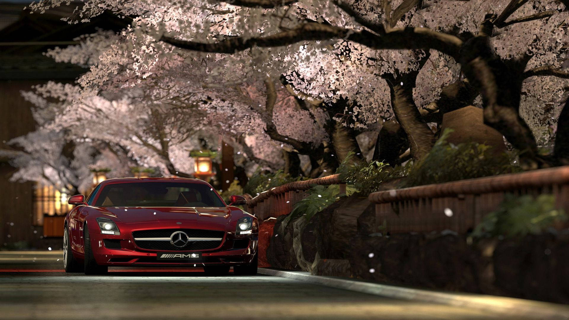 Mercedes Benz Car Underneath Cherry Blossoms