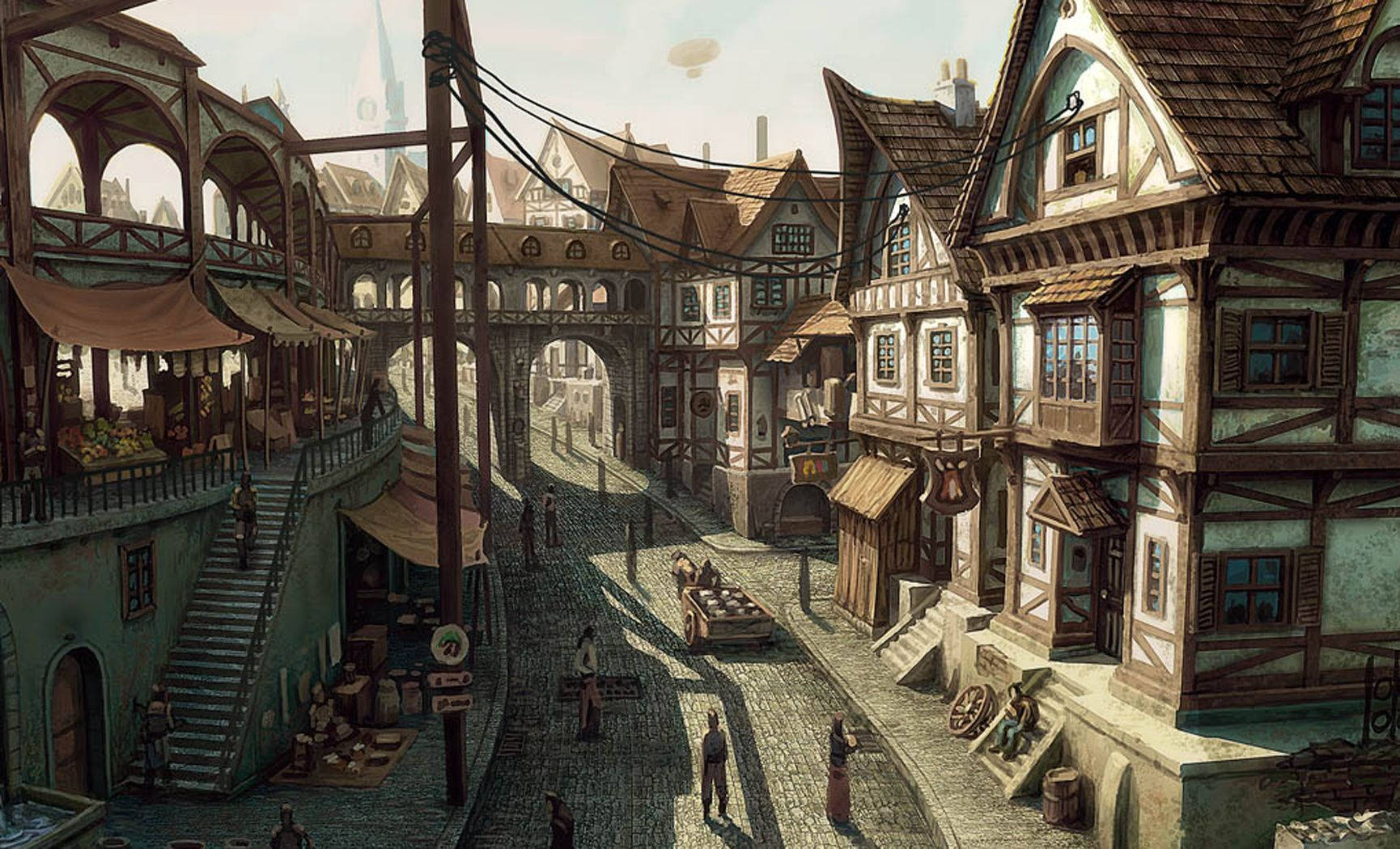 Merchants Rove The Cobbled Streets Of A Medieval Town Background
