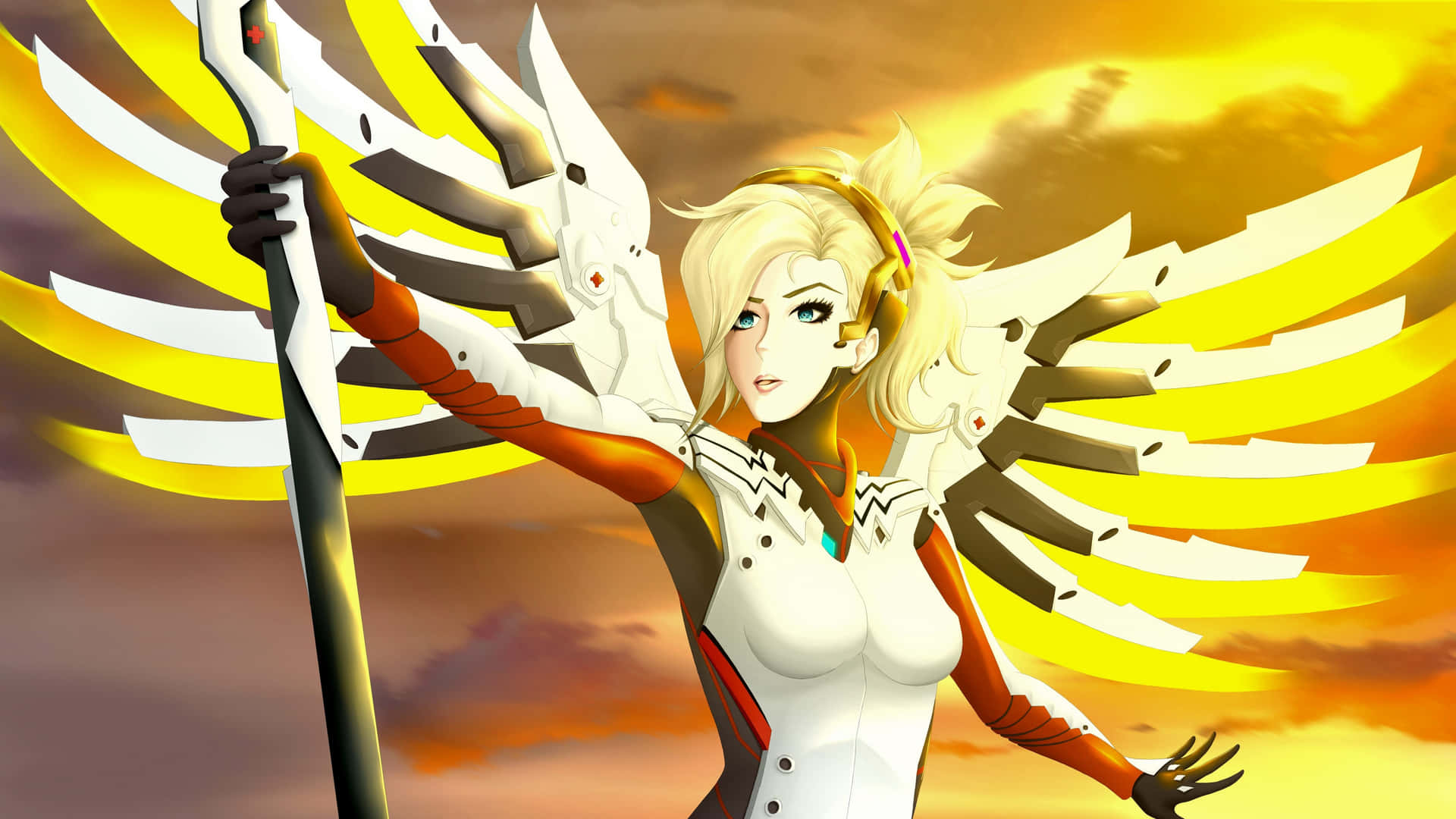 Mercy Majestically Soaring In Overwatch Background