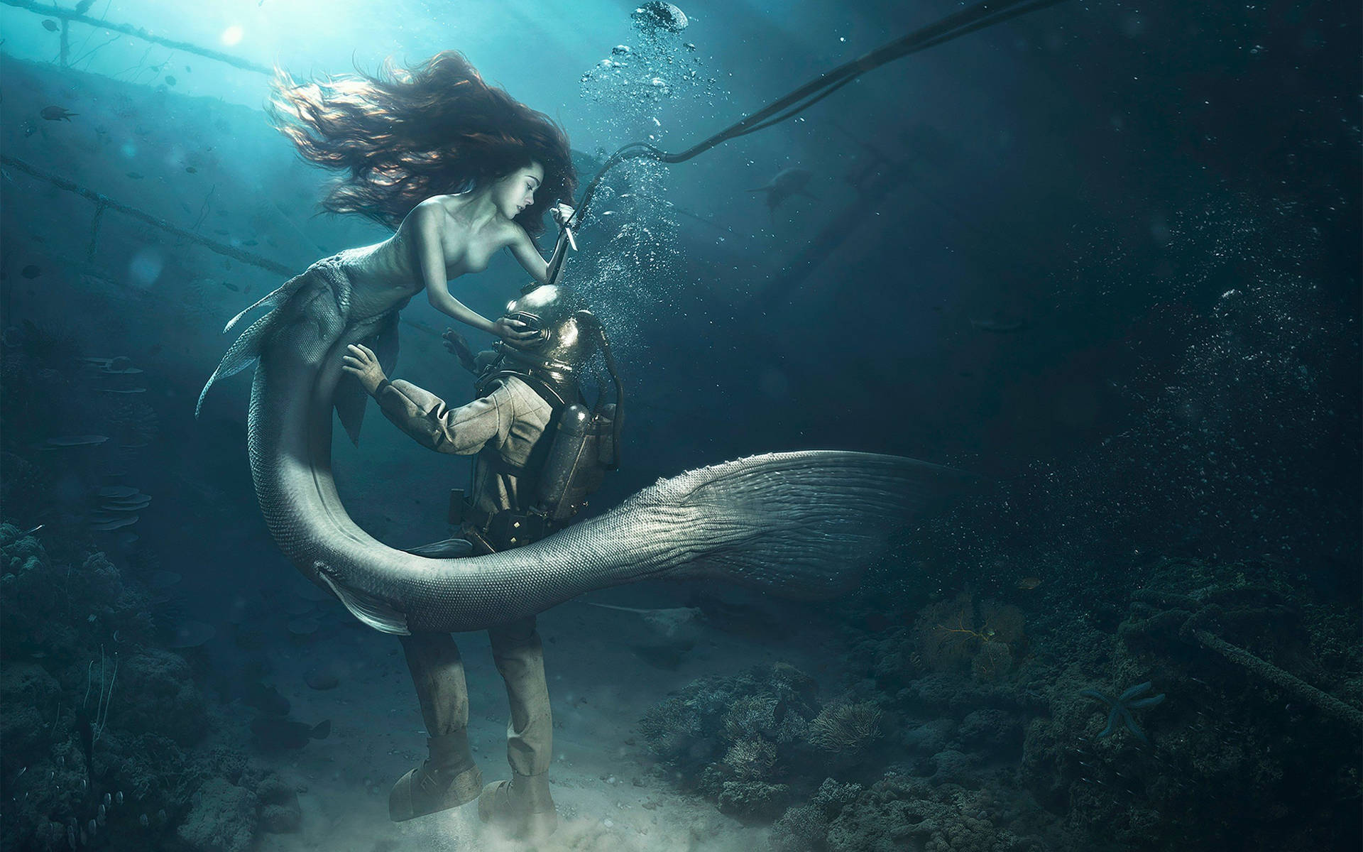Mermaid And Diver Unique Hd Background