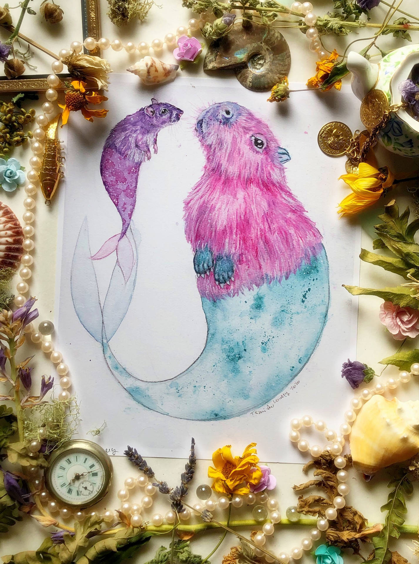 Mermaid Capybara And Rat Art Background
