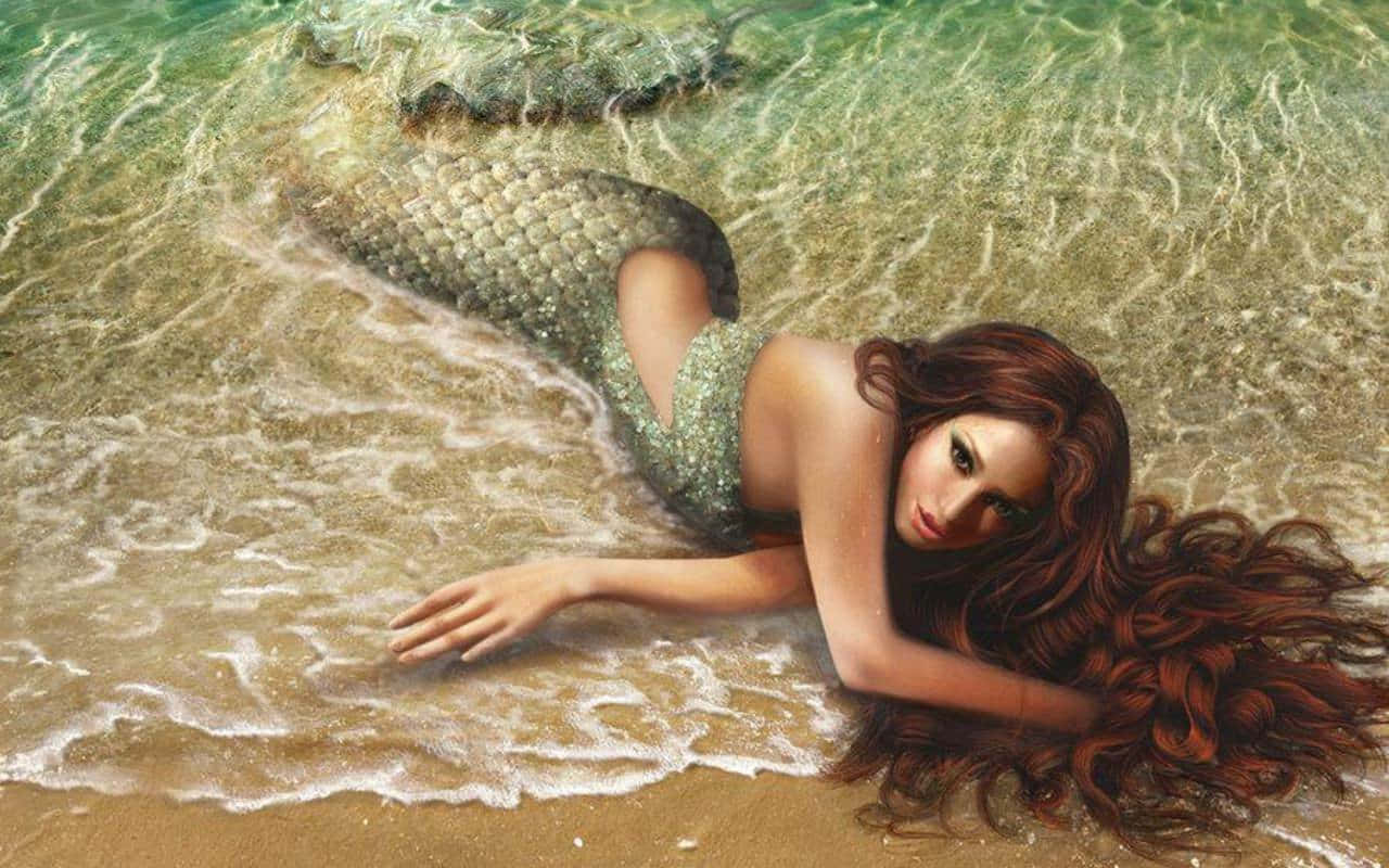 Mermaid Laying On The Beach With Long Hair Background