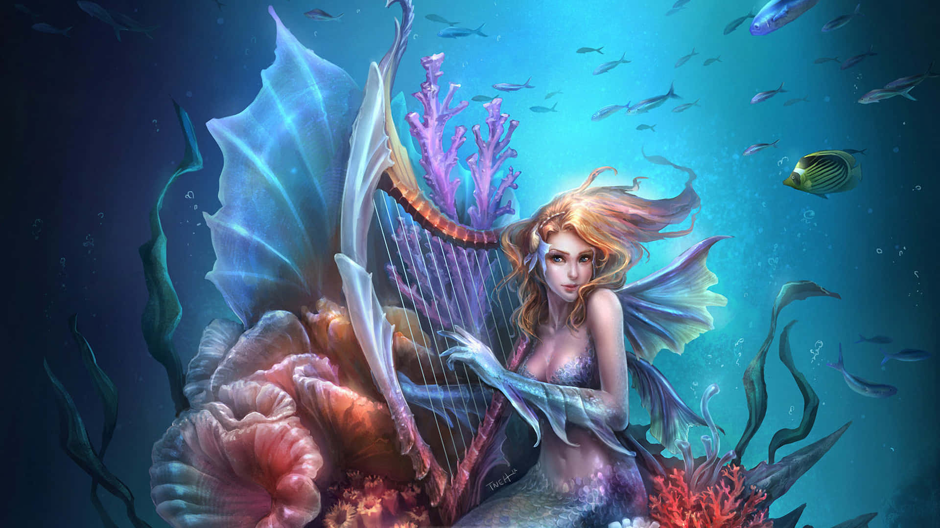 Mermaid Playing Harp Background