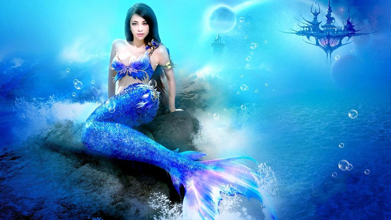 Mermaid With Blue Tail And A Mermaid Castle