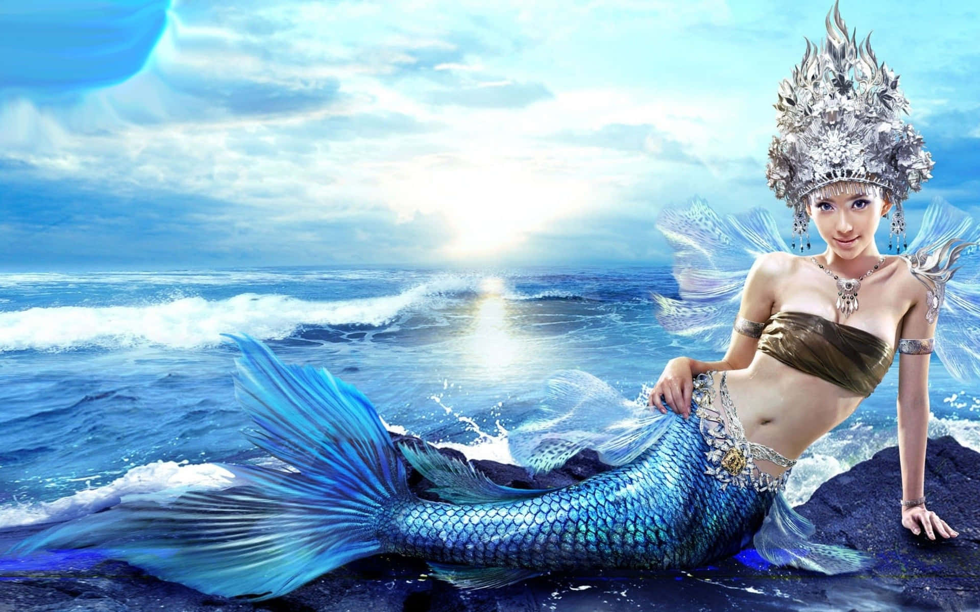 Mermaid With Sparkly Blue Tail And Silver Headpiece Background