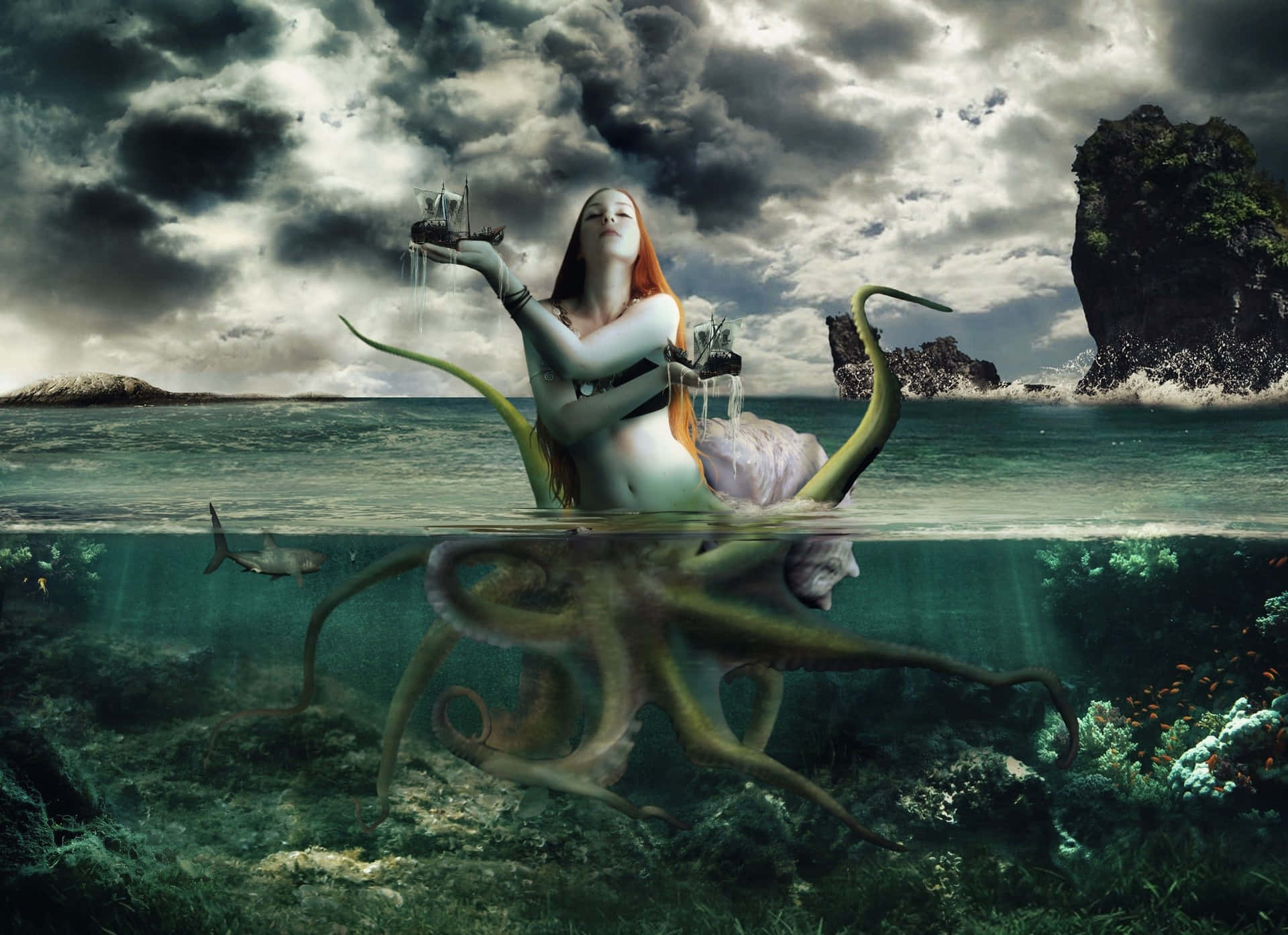 Mermaid With Tentacles In The Water Background