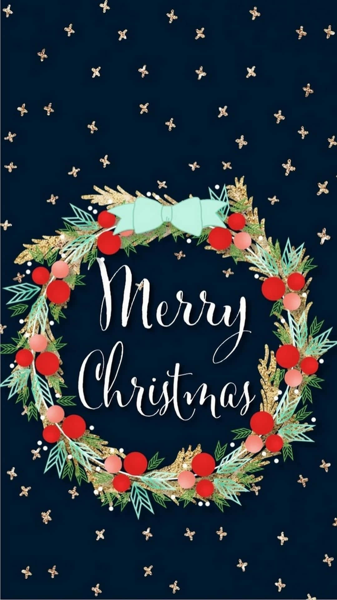 Merry Christmas Card With A Wreath And Stars Background