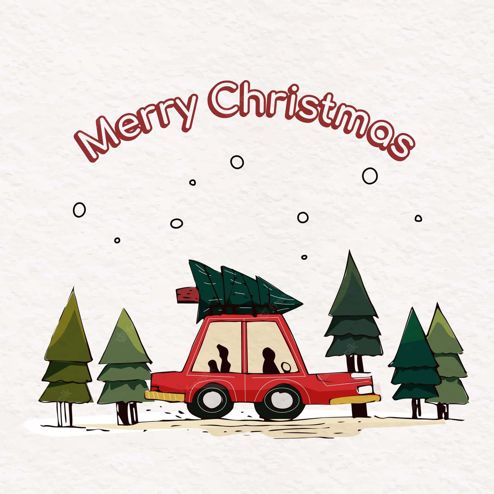Merry Christmas Card With Car And Trees Background