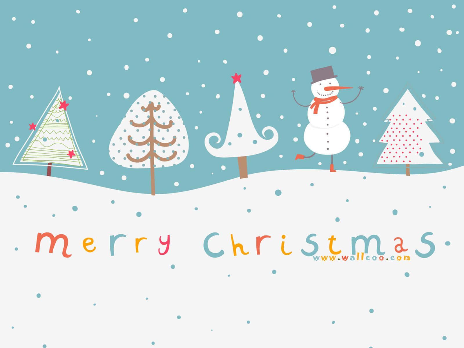 Merry Christmas Card With Snowman And Trees Background