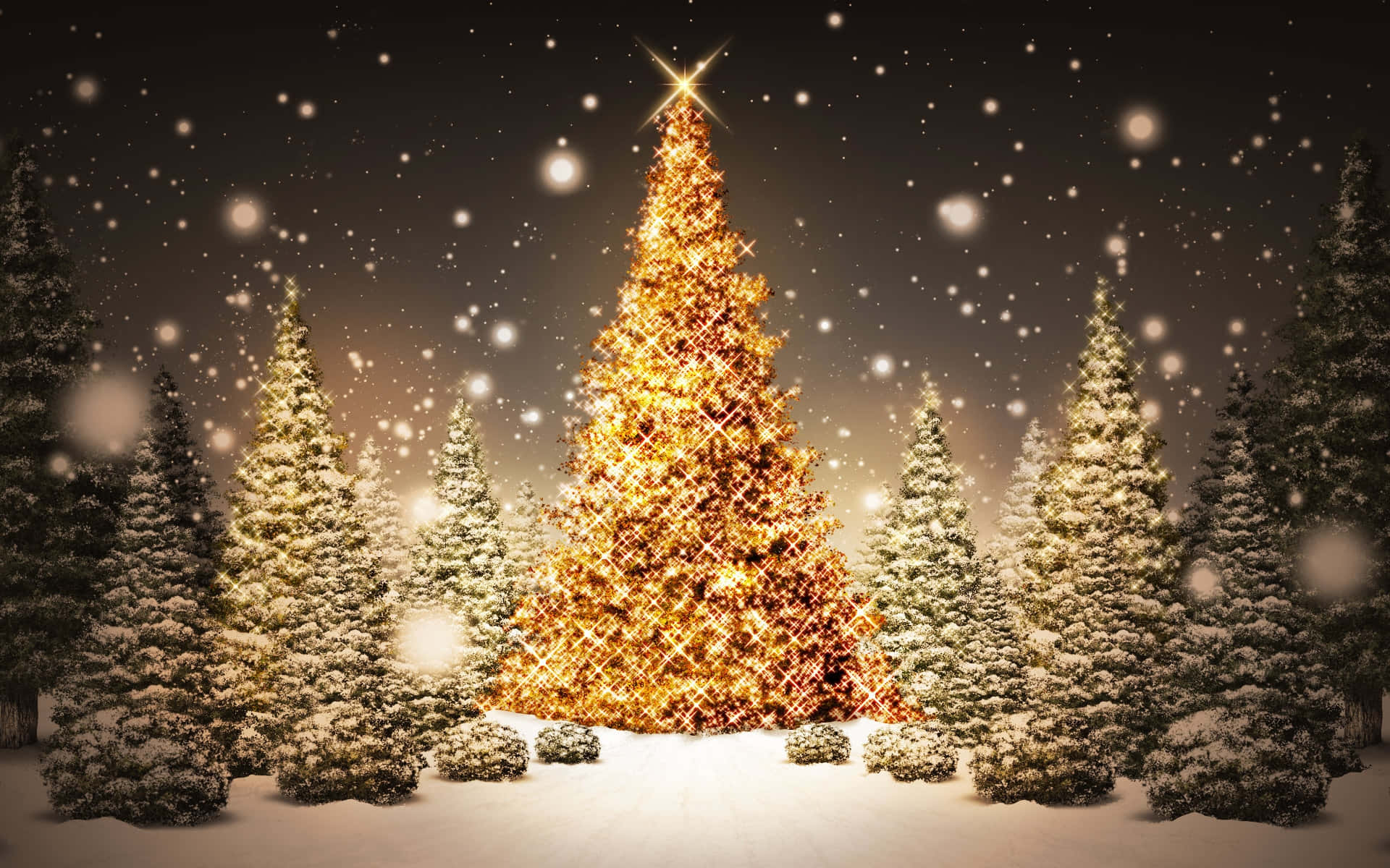 Mesmerizing 3d Christmas Scene With Snowy Trees And Glowing Ornaments Background