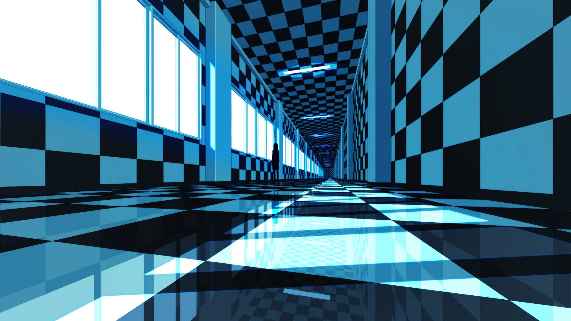 Mesmerizing Blue And Black Checkered Hallway Background