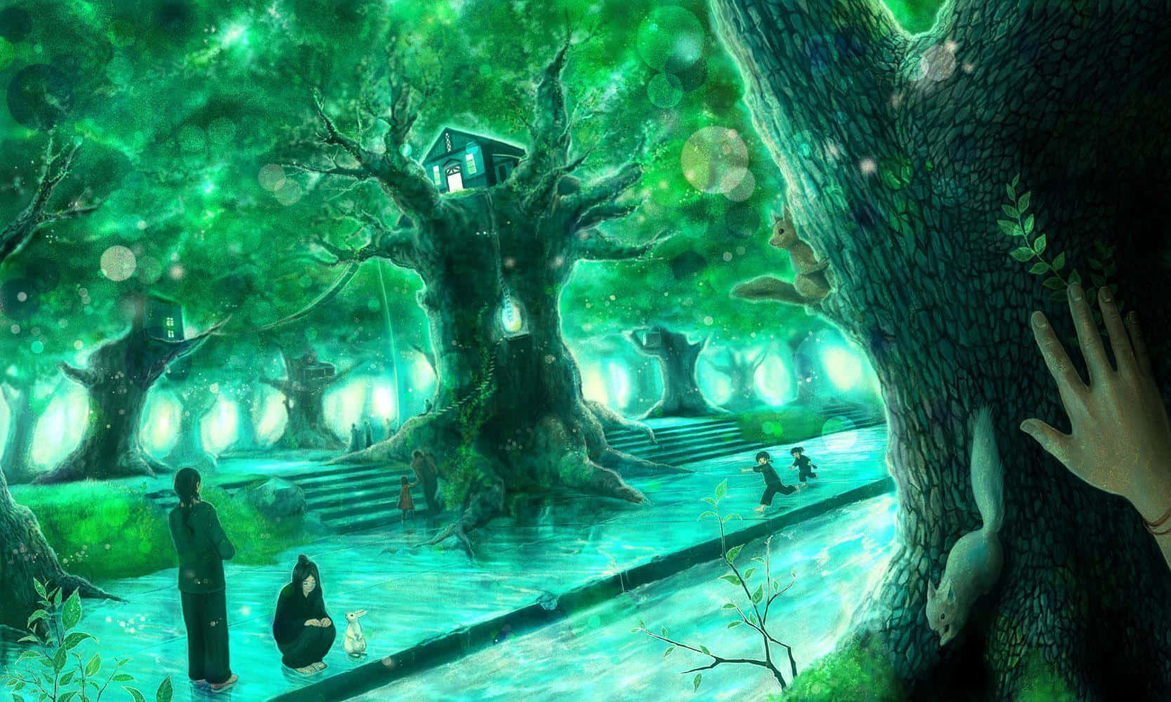 Mesmerizing Green Anime Landscape Background