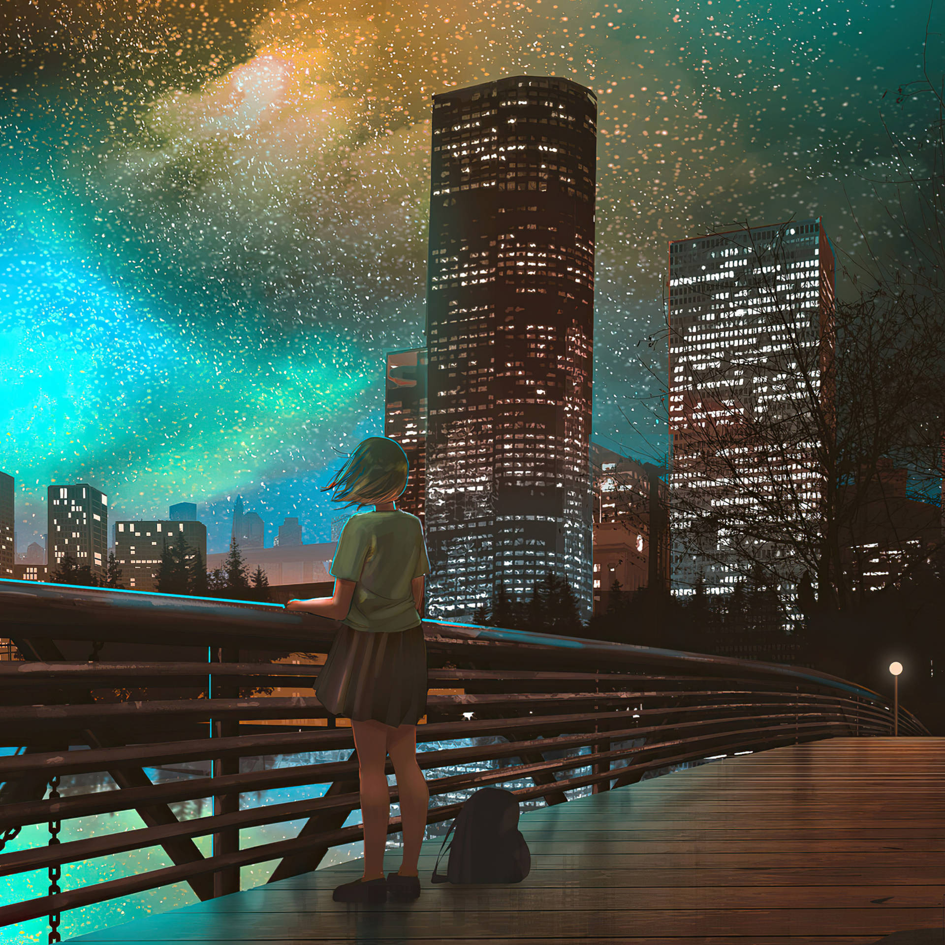 Mesmerizing Starry Anime Night Over A Bustling City Background