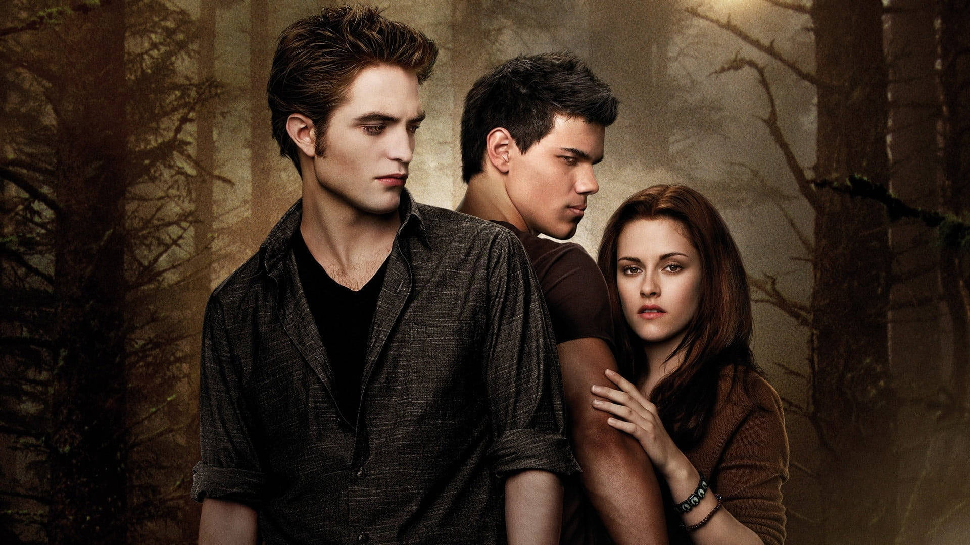 Mesmerizing Trio From The Twilight Saga: New Moon - Bella, Jacob, And Edward Background