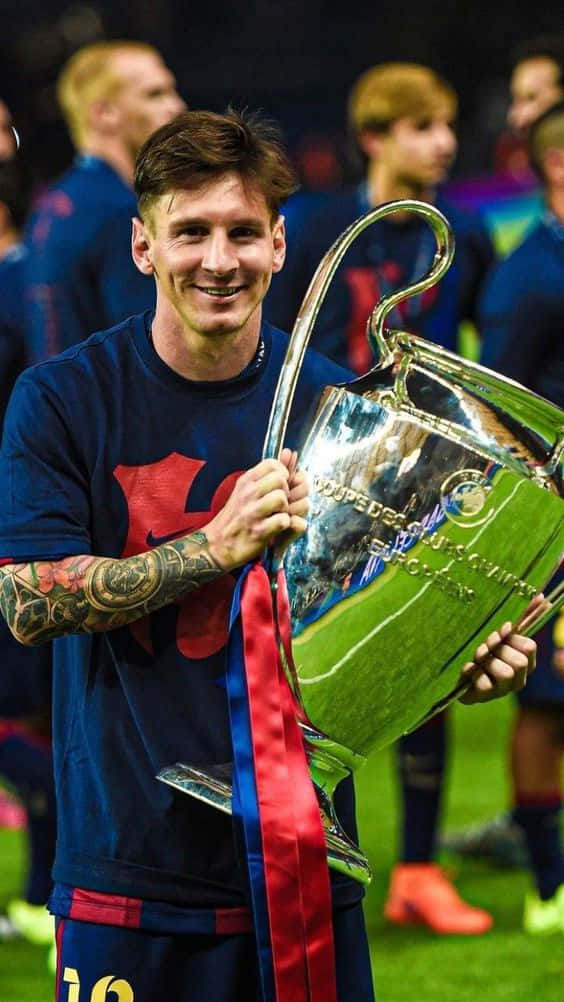 Messi Iphone With Champions League Trophy Background