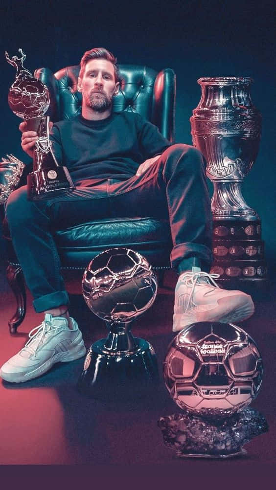 Messi Iphone With His Trophies Background