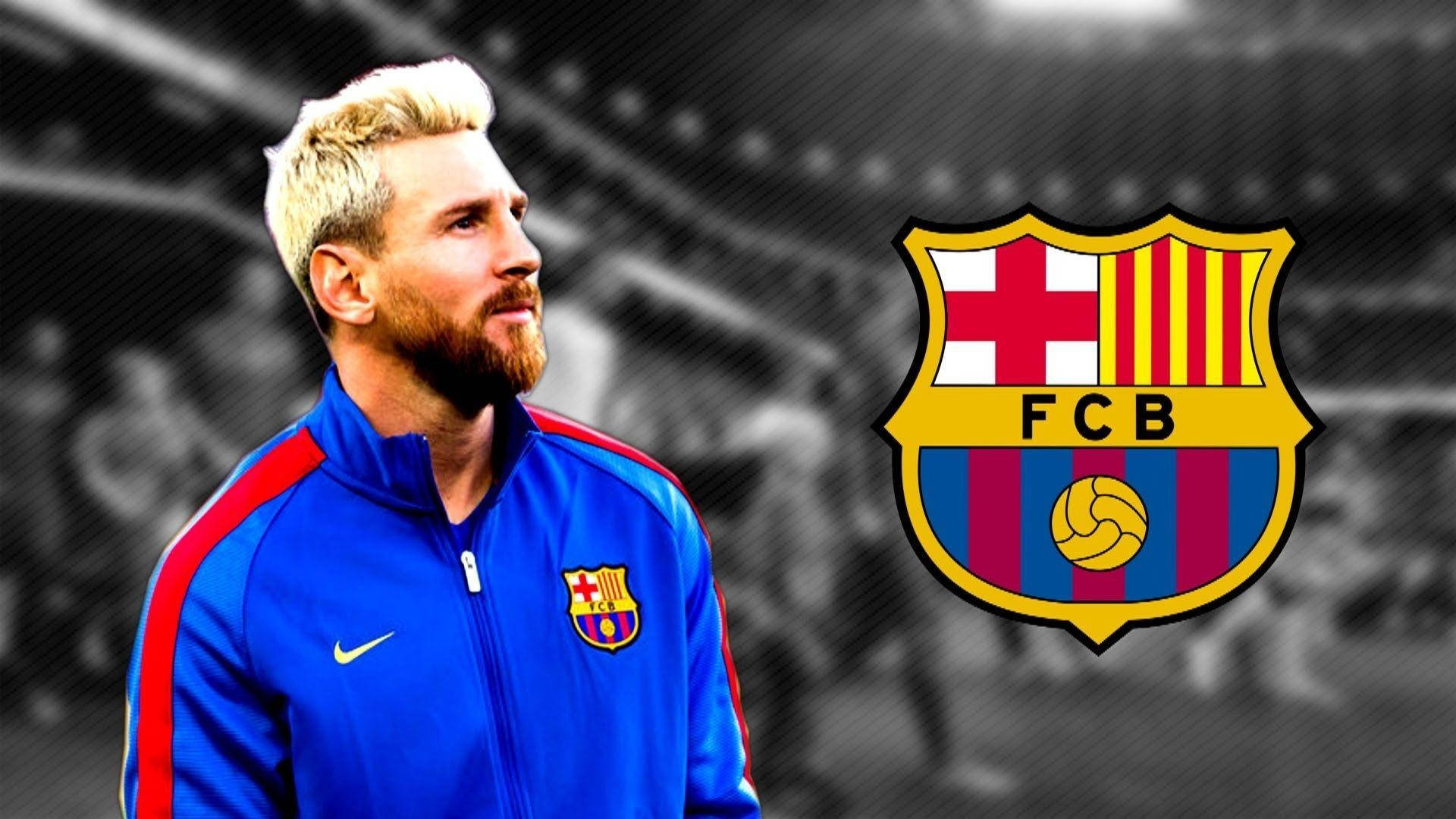 Messi With Fcb Logo Background