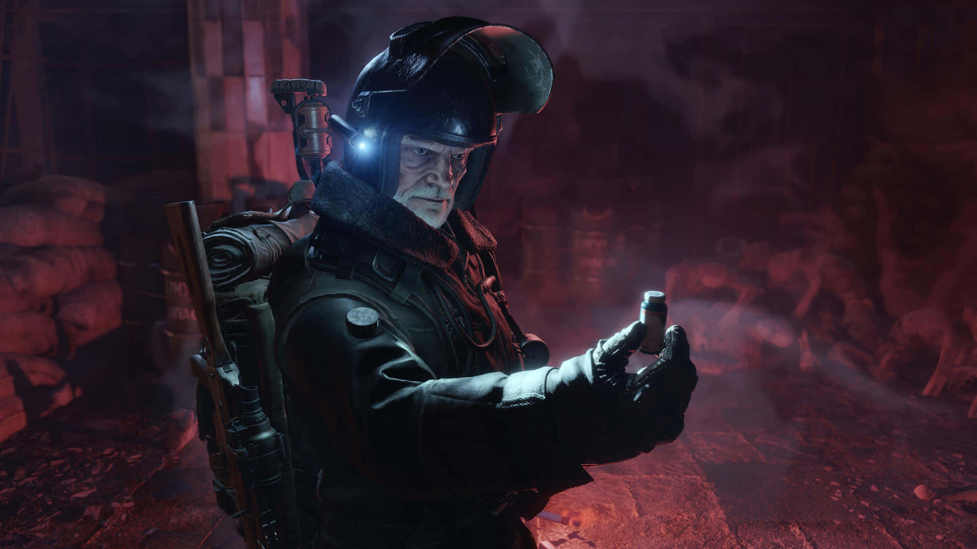 Metro_ Game_ Spartan_ Ranger_ Holding_ Bullet Background