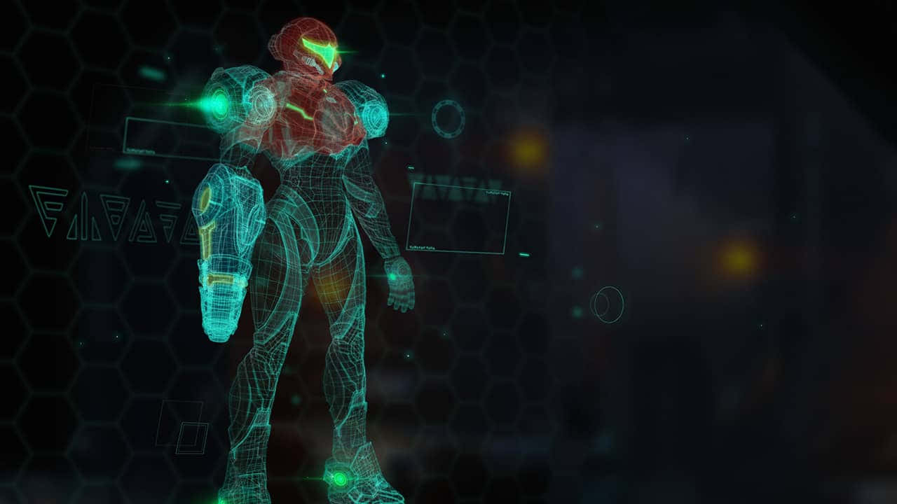 Metroid Dread Samus Aran Neon Blue Background