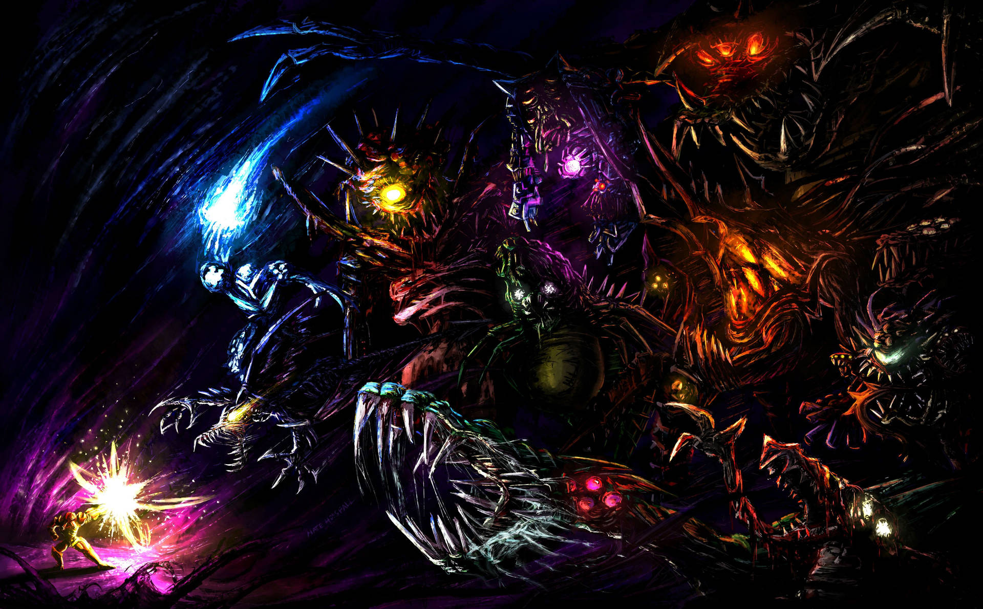 Metroid Monsters And Lights Background