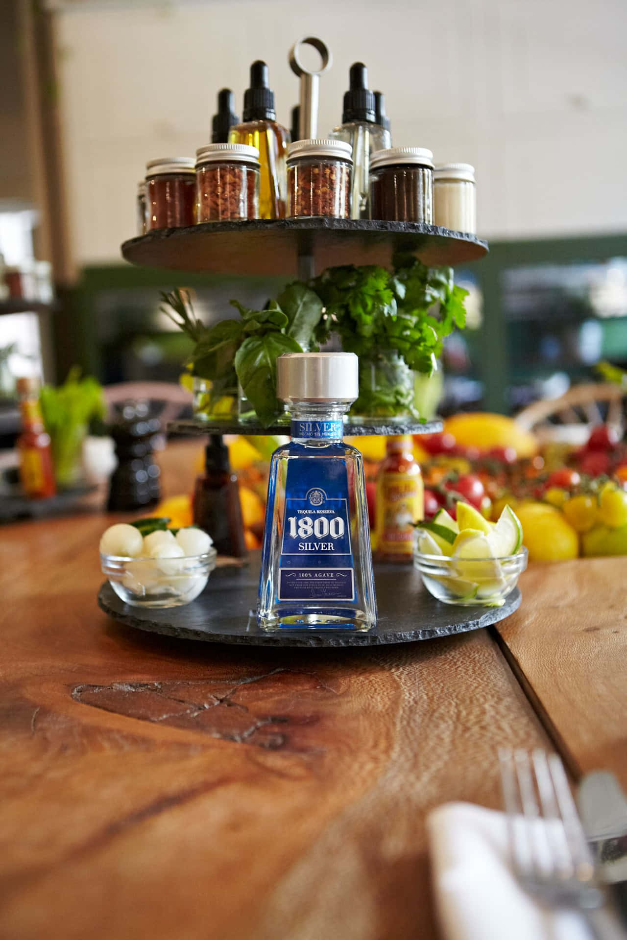 Mexican Brand 1800 Tequila Silver In A Condiments Tray Background