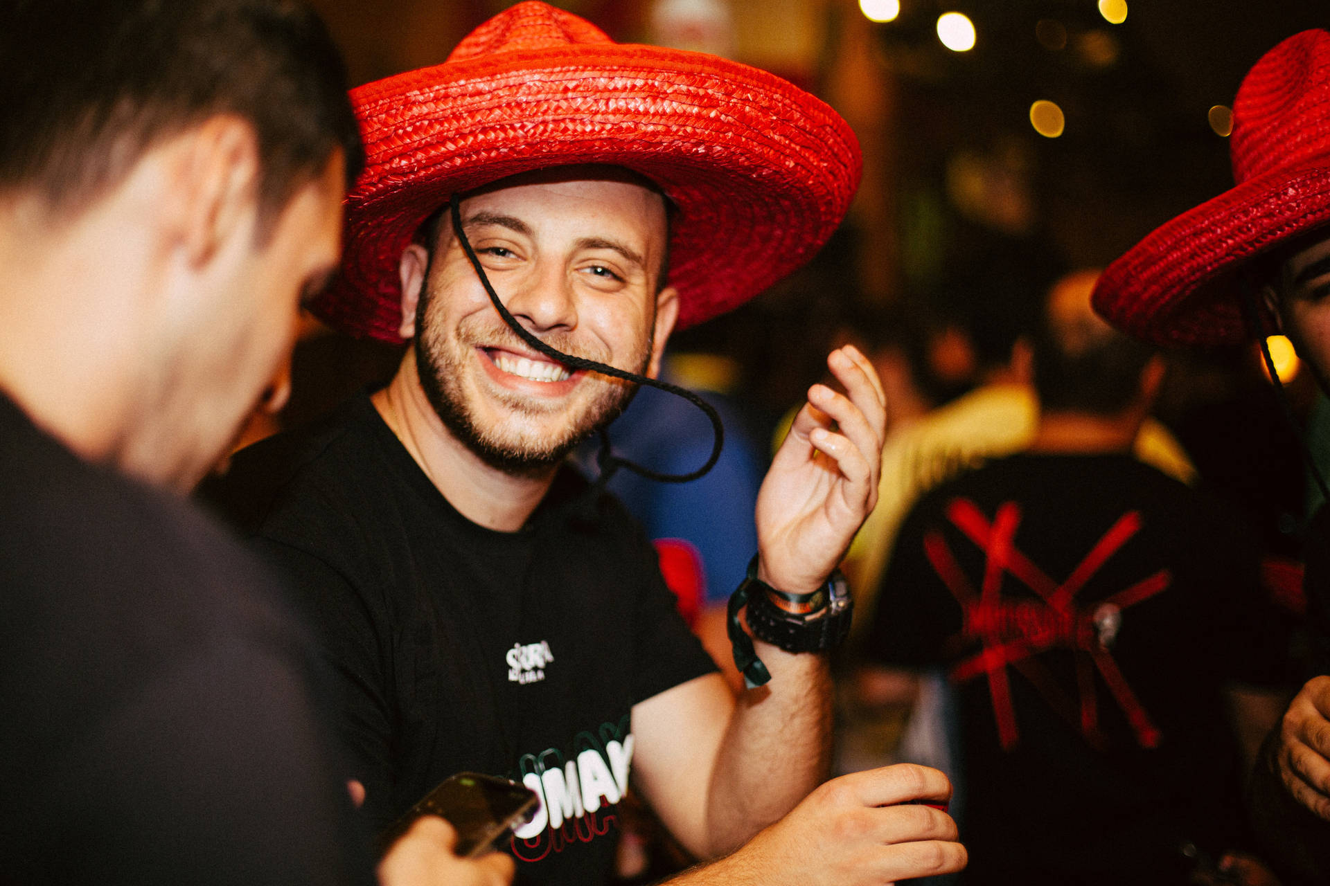 Mexican Man Smiling Red Hat Background