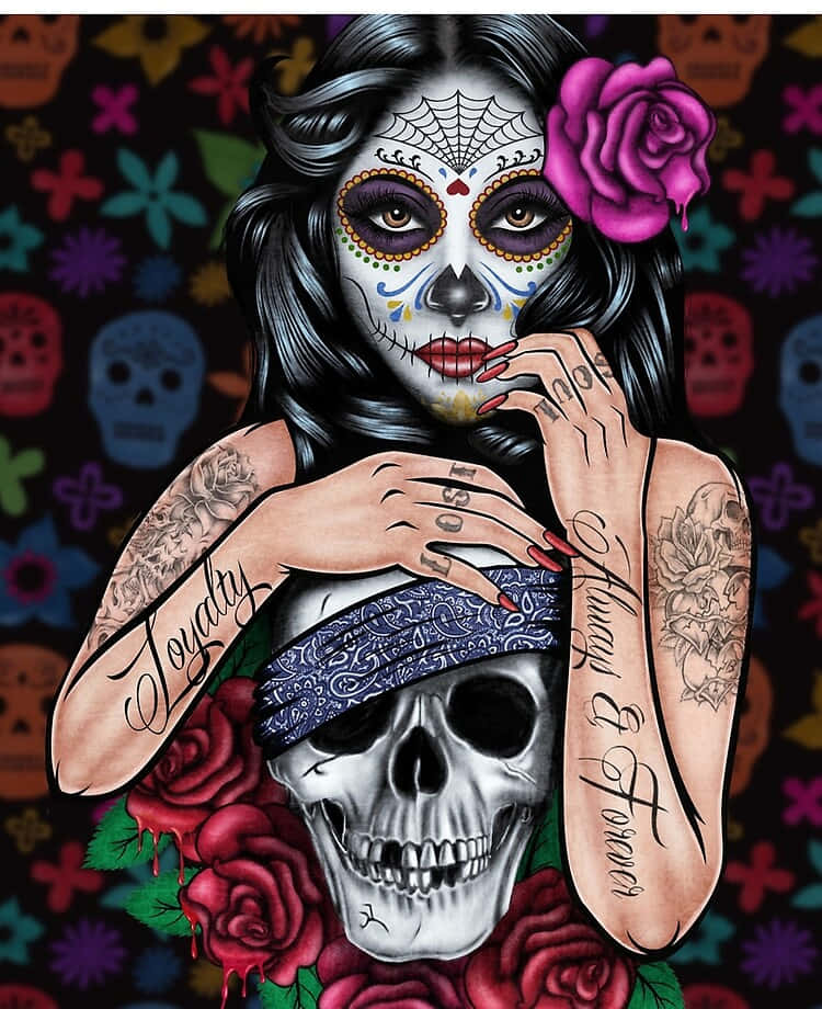 Mexican Woman With A Skull Artwork Background