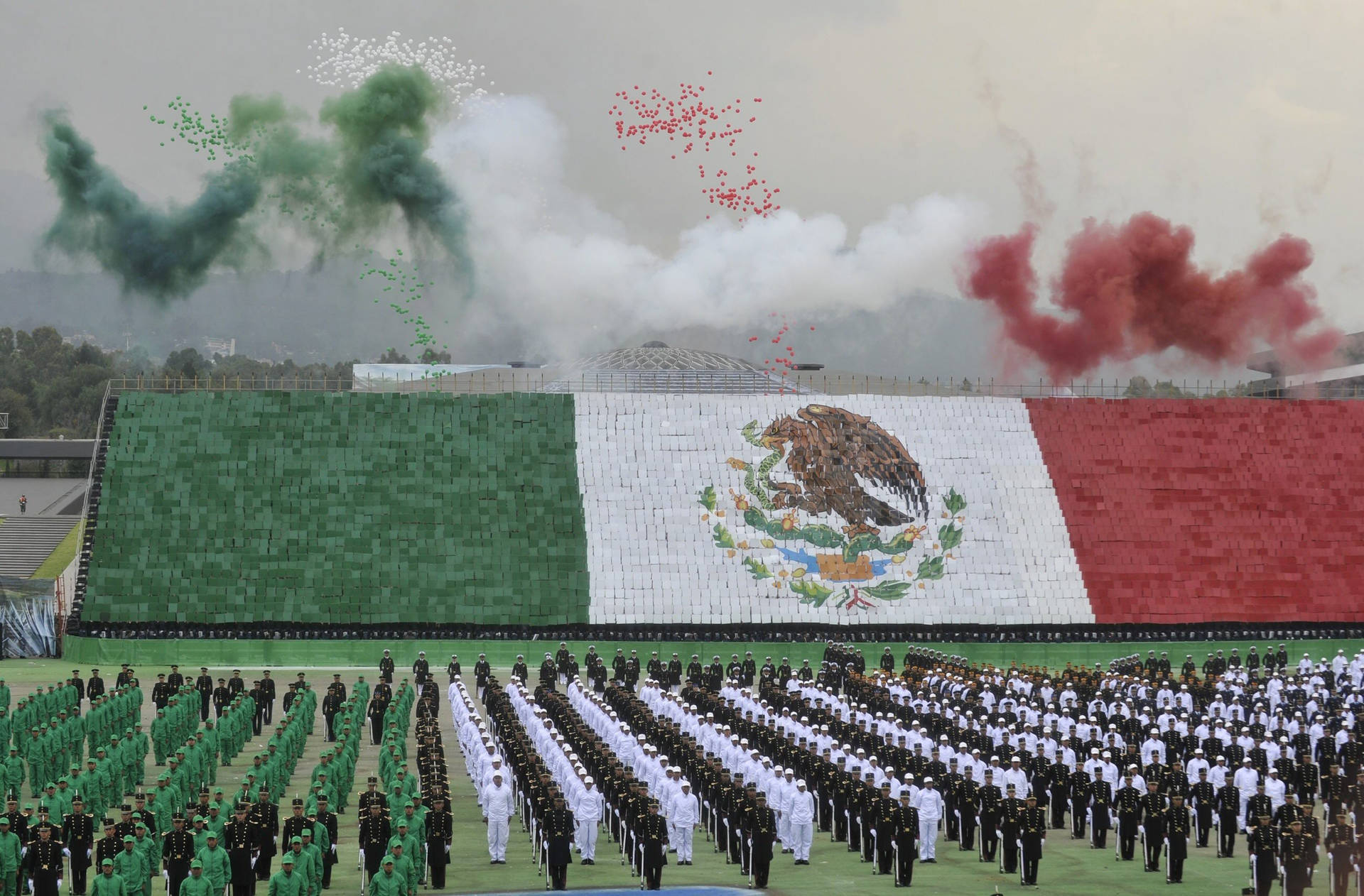 Mexico Flag On Military Parade Background