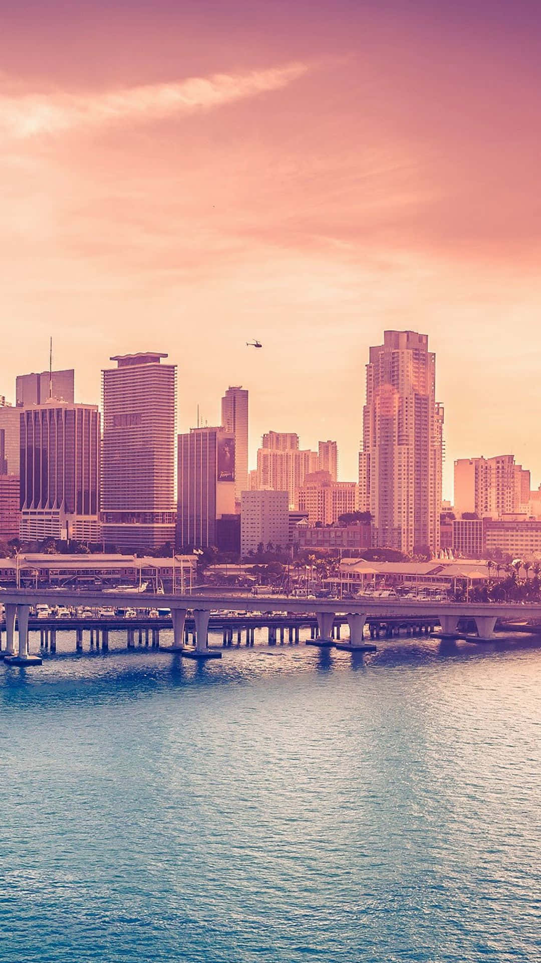 Miami City Skyline At Sunset Background