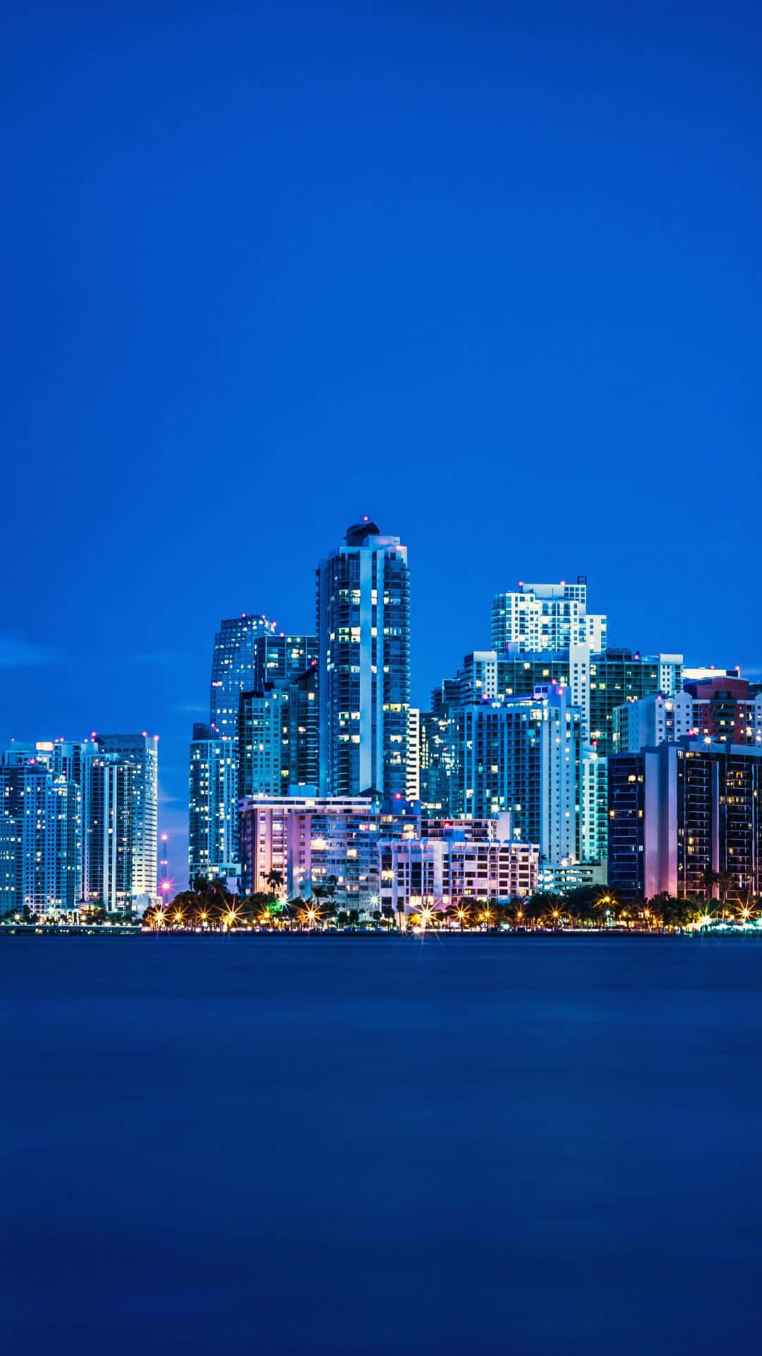 Miami Skyline Night Blue Ocean Iphone Background