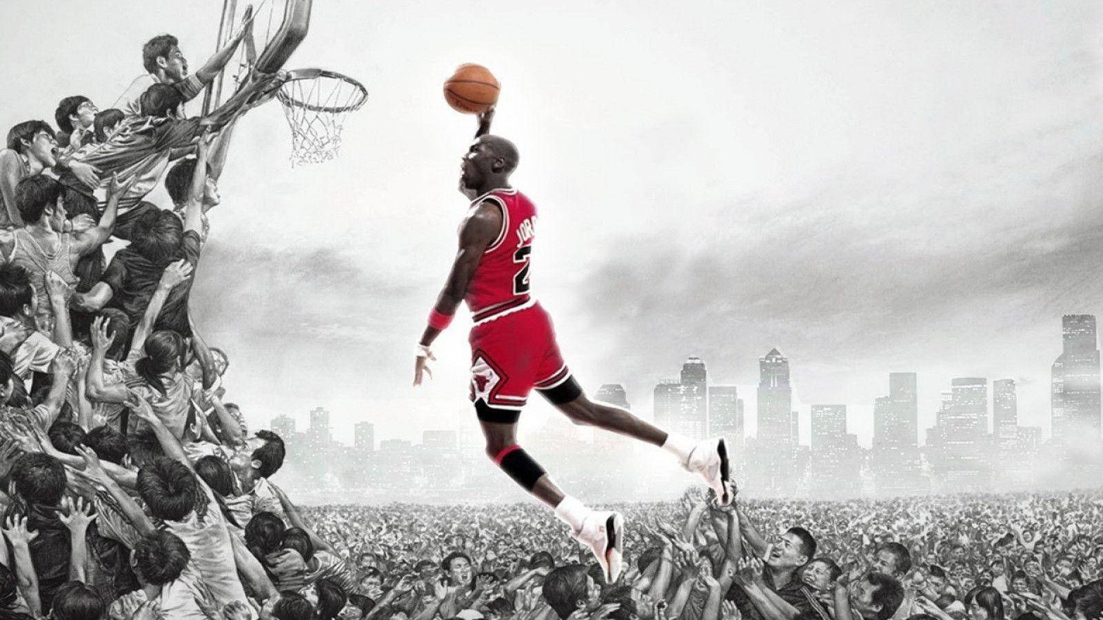 Michael Jordan Drives To The Hoop In His Famous White, Red And Black Air Jordans Background